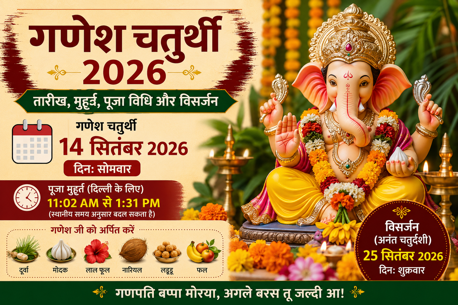 गणेश चतुर्थी 2026 कब है? जानिए तारीख, शुभ मुहूर्त, विशेष पूजा विधि और विसर्जन की पूरी जानकारी